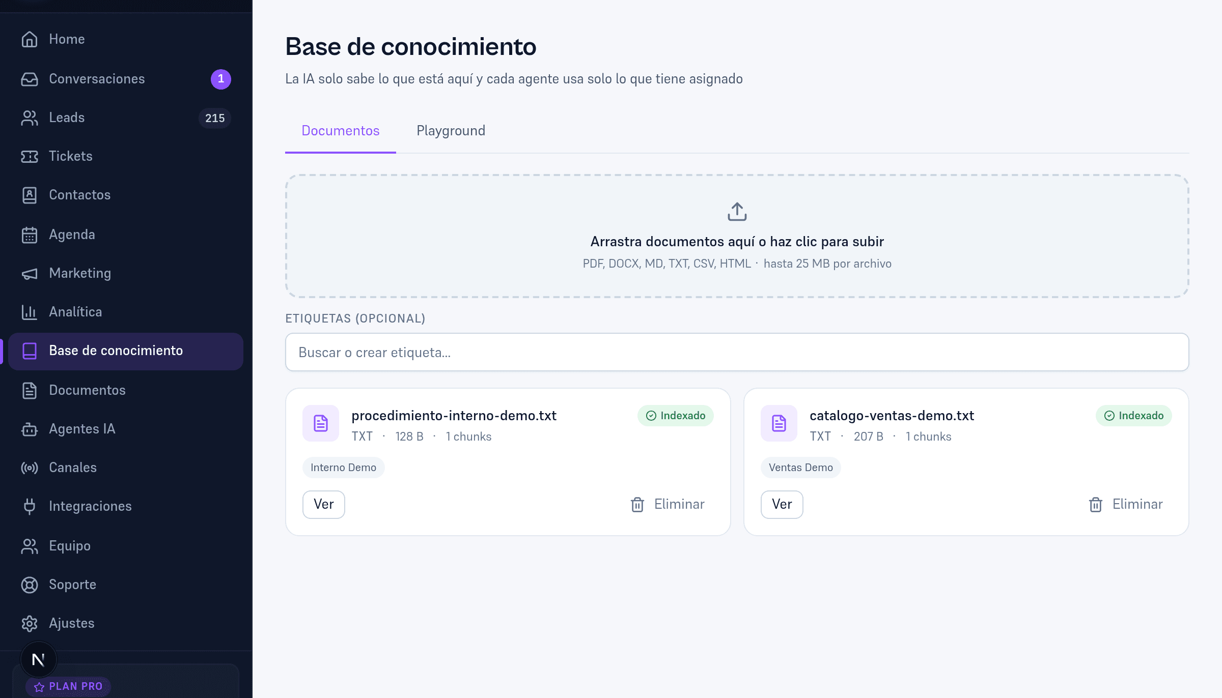 Base de conocimiento con documentos indexados y etiquetas